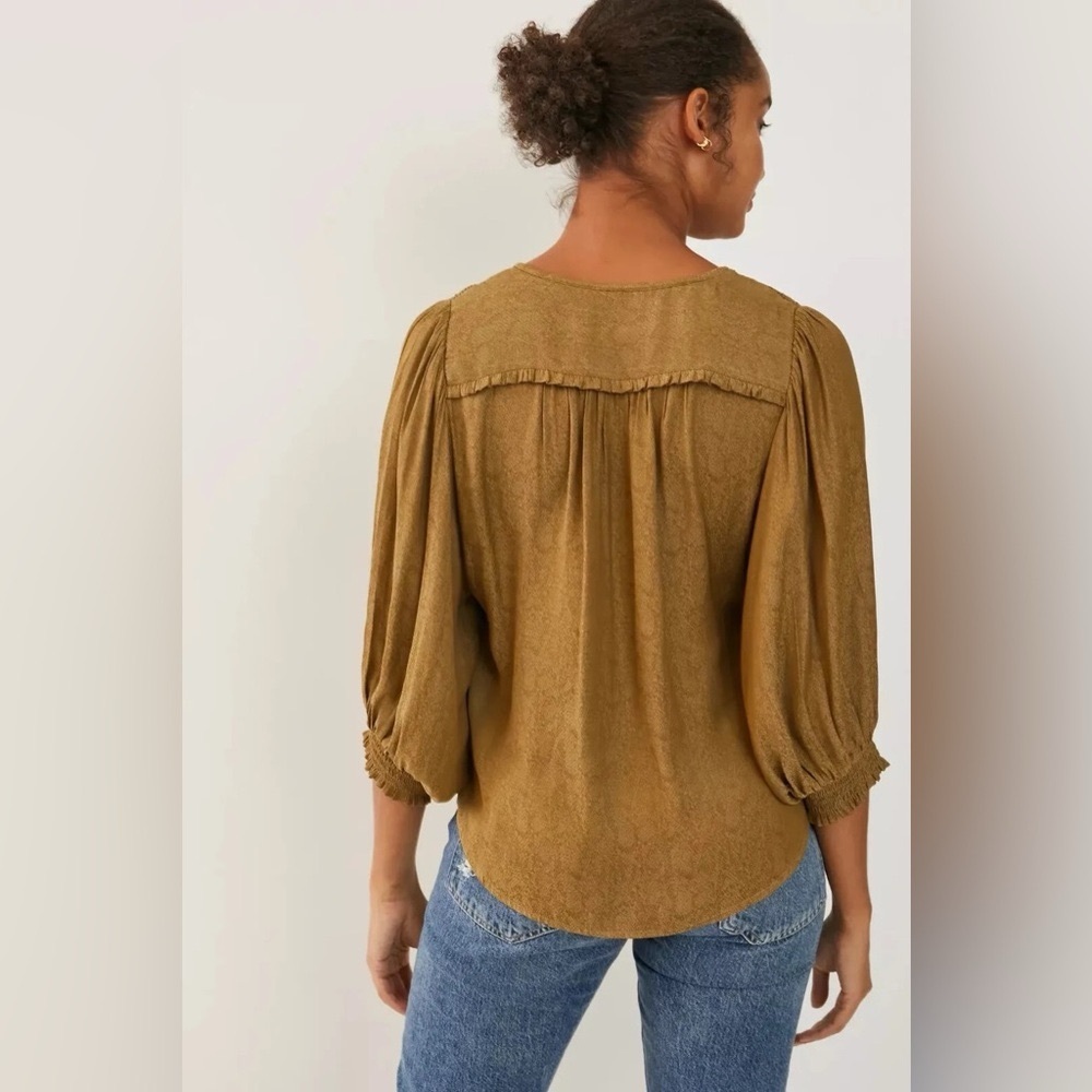 Anthropologie Cacee Jacquard Peas Button Down Balloon Blouse Womens S Oversized - Picture 2 of 9